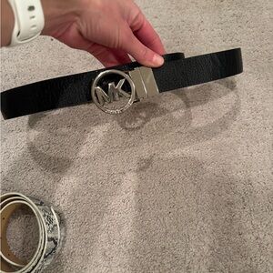 Michael Kors Black Leather Belt with Silver MK Logo Buckle